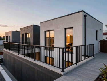 Modern urban townhouse flat roof design with private terrace, black metal railings, twilight sky