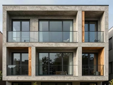 Modern concrete townhouse facade with large triple-glazed windows and natural wood elements under soft daylight
