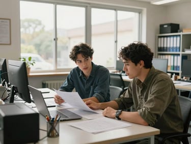 Wide shot, warm natural daylight through large windows, a tidy professional workspace with two team members at adjacent desks reviewing open files and a laptop, both leaning in with focused attention, orderly shelves of binders visible in background, documentary framing, no posed smiling
