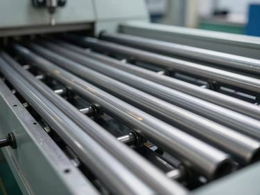 Wide shot of a cold-drawing machine in a clean industrial facility, steel tubes being processed, crisp lighting, focus on precision engineering
