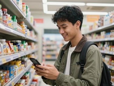 A young Indonesian male university student in Jakarta, wearing a casual jacket, smiling and holding his phone inside a modern minimarket.