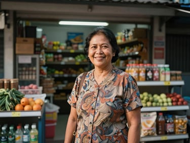 A candid portrait of a smiling Indonesian mother standing proudly in front of her local neighborhood grocery store in Surabaya, warm evening light.