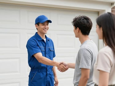 Technician in clean branded uniform smiling and shaking hands with a homeowner in front of a newly repaired garage door, bright natural daylight