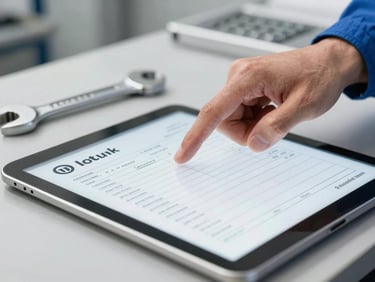 Close-up of a technician's hand pointing to an itemized invoice on a tablet, a wrench resting nearby, clean industrial tones