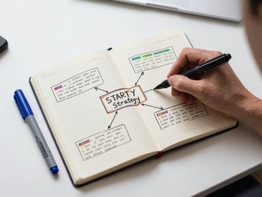 Overhead shot of an open notebook with a hand-drawn content strategy map, colored markers placed beside it, clean white desk surface, sharp daylight from above, no people visible