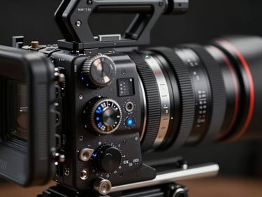 Extreme close-up of professional cinema camera dials and lens rings in a dark studio setting, subtle electric blue highlights.