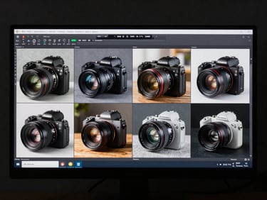 Side-by-side thumbnail design iterations on a high-resolution editing monitor, high contrast, dark room environment.