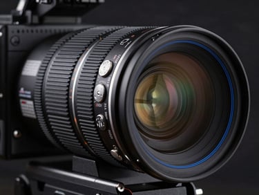 Extreme close-up of a high-end cinema camera lens in a dark studio, subtle blue rim lighting reflecting off the metallic dials, shallow depth of field, professional production environment.