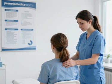 European patient receiving assistance from a nurse in a clinic, a subtle 'prenotamedico.com' watermark visible on a nearby informational poster, soft natural daylight.