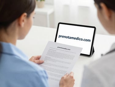 European woman reviewing documents with a healthcare professional, a tablet showing 'prenotamedico.com' in the background, soft natural daylight, subtle 'prenotamedico.com' watermark.