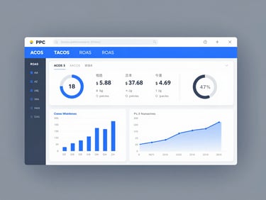 Crisp screenshot of a PPC campaign performance dashboard with ACOS, TACOS, ROAS metrics and interactive charts, clean UI, cool blue accents, high-fidelity digital product rendering.