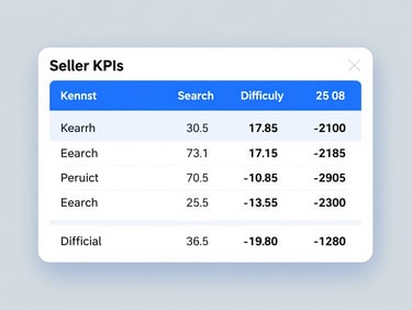 High-fidelity screenshot of Seller KPIs keyword opportunity analysis showing a clean table of keywords, search volume, and difficulty scores, crisp studio lighting, cool gray and sharp blue tones, vector precision.