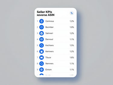 High-fidelity screenshot of Seller KPIs reverse ASIN analysis showing competitor keywords and their ranking positions, crisp studio lighting, cool gray and sharp blue tones, vector precision.