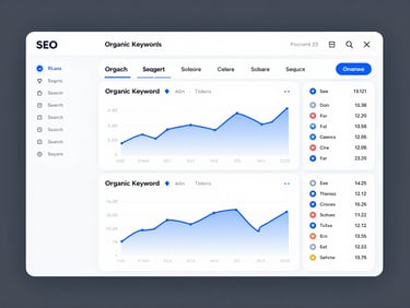 High-fidelity UI screenshot of an SEO keyword ranking dashboard, showing organic keyword positions, search volume trends, and competitor comparison, structured tabular layout, crisp studio lighting.