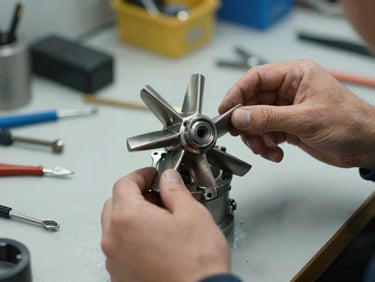 Close-up of a technician's hands inspecting a precision marine mechanical spare part — a steel pump impeller — on a lit workbench, tools arranged beside it, shallow depth of field under focused workshop light