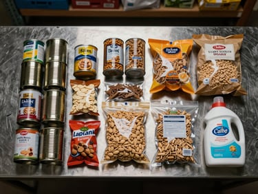 Flat-lay overhead of dry provisions — canned goods, packaged dry staples, and cleaning supplies laid out on a stainless steel galley surface under overhead warehouse light, items grouped by category