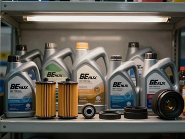Close-up overhead flat-lay of marine engine lubricants, oil filters, and rubber seals arranged on a metal workshop shelf under warehouse fluorescent light — labels visible, organized by type