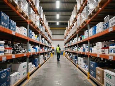Wide environmental shot of a port warehouse interior — tall metal shelving units stocked with labeled marine supply boxes and spare components, a worker in high-vis vest moving between aisles under overhead industrial lighting