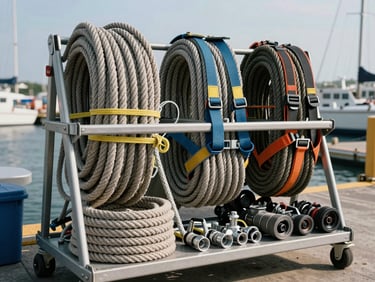 Organized dock-side supply rack holding coiled mooring ropes, safety harnesses, and deck hardware under open port daylight — ropes neatly labeled, metal fittings visible in foreground