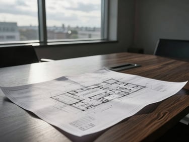 Structured boardroom table with architectural blueprints laid out under sharp morning window light.