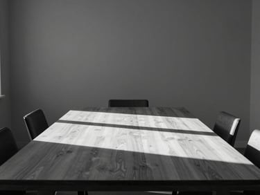 An empty minimalist boardroom with a long oak table, sharp geometric shadows cast by window frames in direct afternoon sunlight, wide shot.