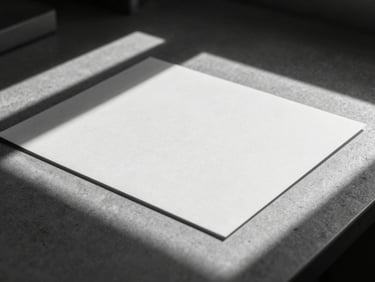 Tight abstract crop of tactile paper collateral on a concrete desk, harsh direct sunlight casting sharp geometric shadows, monochrome