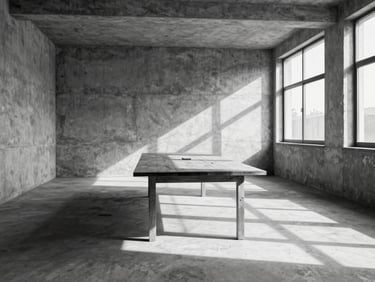 Wide environmental shot of an empty brutalist concrete boardroom, a single long wooden table, sharp geometric shadows from high windows, monochrome
