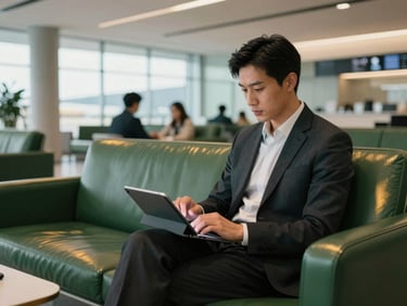 Intérieur d'un salon VIP d'aéroport moderne et calme, un voyageur d'affaires en costume travaillant sur sa tablette, lumière douce, atmosphère sereine et professionnelle.
