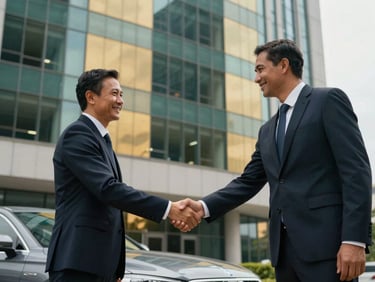 Une poignée de main professionnelle et cordiale entre un chauffeur en costume sombre et un cadre d'entreprise devant un bâtiment d'affaires moderne à Abidjan.
