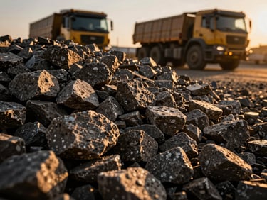 Close-up macro shot of crushed stone aggregate, low-angle, dramatic golden-hour light, industrial commercial photography