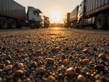 Close-up macro shot of coarse sand grains, golden hour sunlight, high contrast, textured, industrial commercial photography