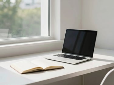 A neat modern workspace, laptop, open notebook, warm sunlight streaming through a window, clean aesthetic