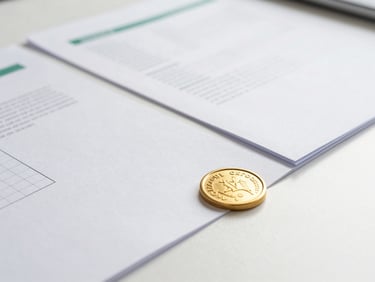 Macro overhead shot of official documents on a clean white desk, professional gold seal visible, soft natural daylight, minimal composition