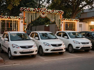 Fleet of three white cars lined up outside a decorated wedding venue in Rajasthan, warm evening light, floral garlands on the gates, no staged poses — real pre-ceremony logistics moment