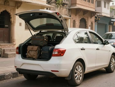 Medium shot of a white sedan taxi at an Udaipur street pickup point, driver loading luggage into the boot, warm daylight, city backdrop with carved stone architecture
