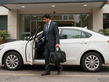 Wide shot of a corporate traveler with a laptop bag stepping into a clean sedan at a Udaipur office building entrance, daylight, professional calm atmosphere
