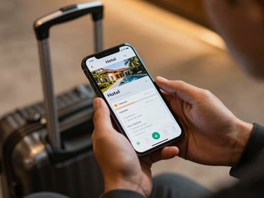 Close-up of a traveler's hands holding a phone showing a hotel confirmation screen, warm ambient lobby light, luggage visible beside them