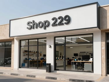 Bright daylight exterior shot of the physical storefront at Shop 229, Dhana 1 Residence in Al Satwa, clean modern architecture, professional utility workshop setting.