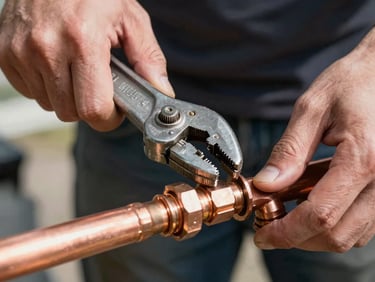 Close-up of a technician's hands using a professional steel pipe wrench to tighten a clean copper pipe joint under bright daylight.