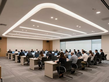 Modern corporate training room in Riyadh with high-end architectural lighting, executive seating, and clean professional atmosphere, wide angle.