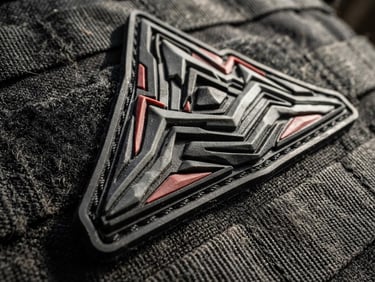 Tactile macro photography of a custom molded PVC patch on a black tactical vest, hard directional side-lighting highlighting the sharp rubber layers and rugged texture, 50mm lens