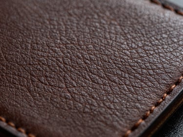 Tactile macro photography, hard side-lighting, close-up of a debossed brown leather patch showing rich grain texture and dark branded edges.