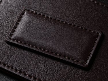 Extreme close-up of deep laser-engraved leather patch, showing crisp dark edges and textured grain, directional lighting, rich dark tones