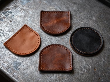 Flat-lay of three custom leather patches in tan, brown, and black on a weathered steel workbench, extreme texture detail
