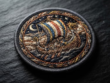 Tactile macro photography of a physical embroidered patch with high stitch density and sharp merrowed borders, resting on a dark slate background, hard directional side-lighting emphasizing thread texture