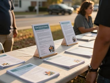 An outdoor community resource fair in a Georgia neighborhood, warm golden-hour light casting soft shadows on a table with informational guides.