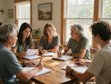 A small group of adults gathered around a wooden table in a warm Georgia community center, sharing notes under soft natural window light.