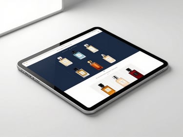 Wide-angle studio shot of an iPad Pro flat on a white surface displaying a perfumery e-commerce template — elegant dark product cards, fragrance collection grid, add-to-cart UI visible, bright studio strobe lighting, clean white background