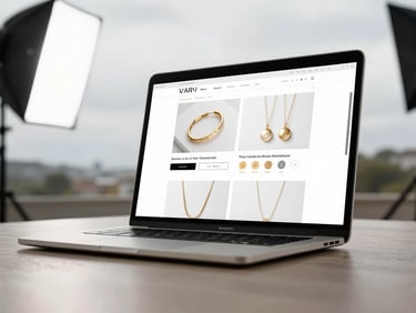 Wide-angle studio shot of a MacBook Pro at a slight angle displaying a jewelry e-commerce template — high-fidelity product photography grid, gold and white palette, trust badges and material selector visible, bright overcast studio lighting