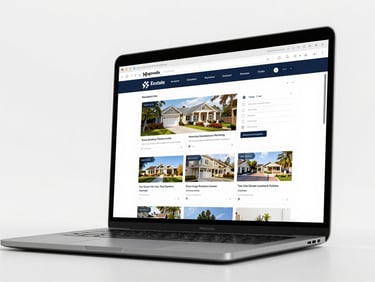 Wide-angle studio shot of a MacBook Pro at a slight angle displaying a real estate agency website template — clean property grid layout, dark navy header, property search filters visible, crisp overcast lighting, no reflections, screen fills two-thirds of frame